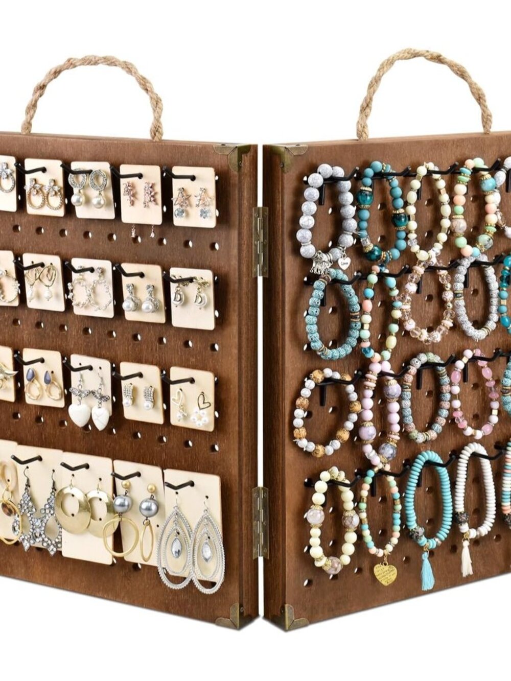 Foldable Wooden Pegboard Jewelry Display with 48 Hooks, Brown